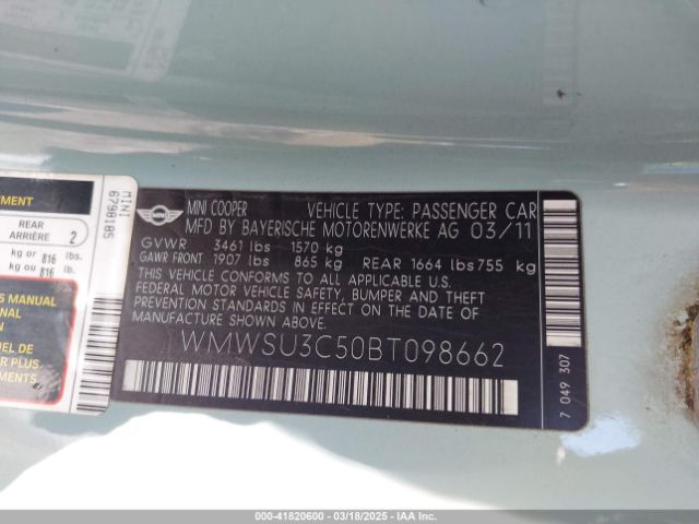 2011 MINI COOPER WMWSU3C50BT098662 Photo 8