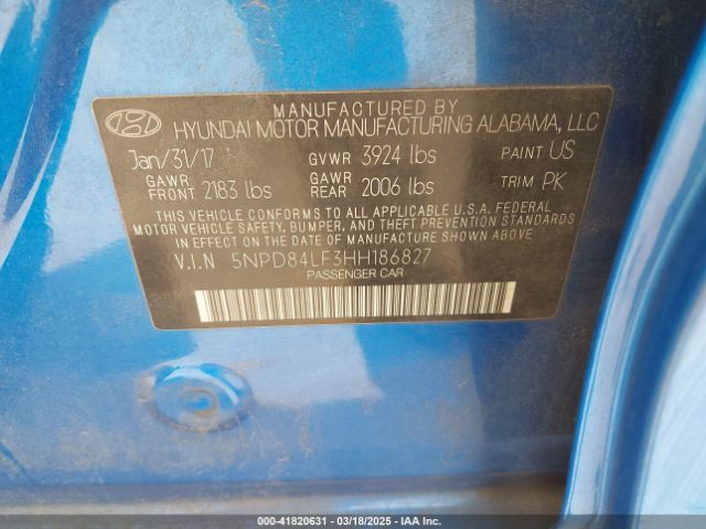 5NPD84LF3HH186827 Hyundai ELANTRA SE
