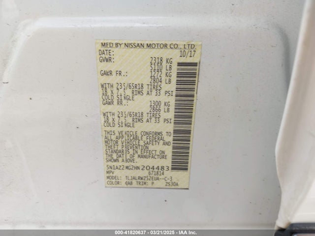 5N1AZ2MG2HN204483 Nissan MURANO SL