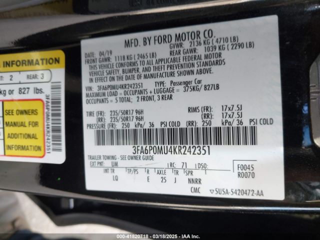 3FA6P0MU4KR242351 Ford Fusion Hybrid Sel