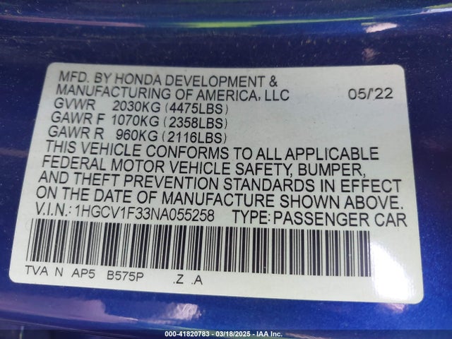 1HGCV1F33NA055258 Honda Accord Sport