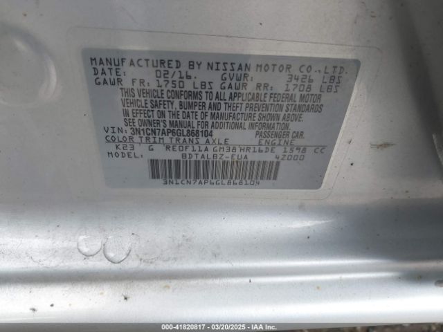 3N1CN7AP6GL868104 Nissan Versa