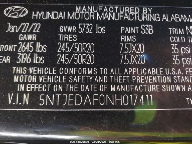 5NTJEDAF0NH017411 Hyundai Santa Cruz Limited