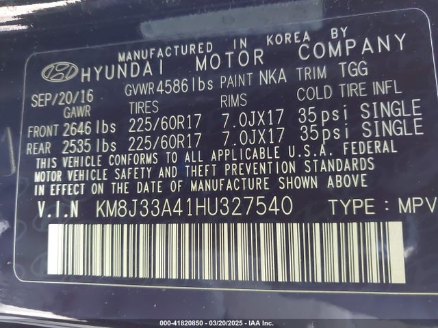 KM8J33A41HU327540 Hyundai TUCSON SE