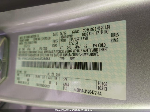 1FMCU0GD4HUE38563 Ford ESCAPE SE