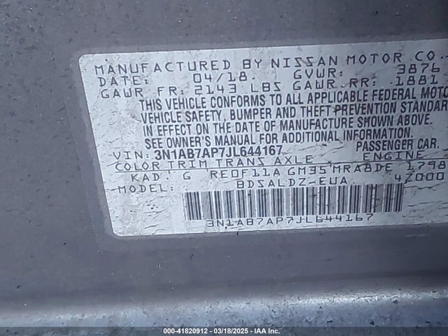 3N1AB7AP7JL644167 Nissan SENTRA SV