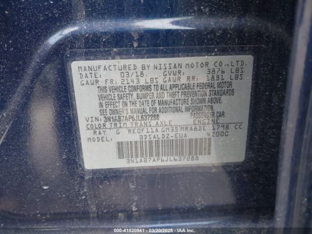 3N1AB7AP6JL637288 Nissan SENTRA SV