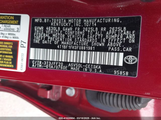 2015 TOYOTA CAMRY 4T1BF1FK0FU881981 Photo 8