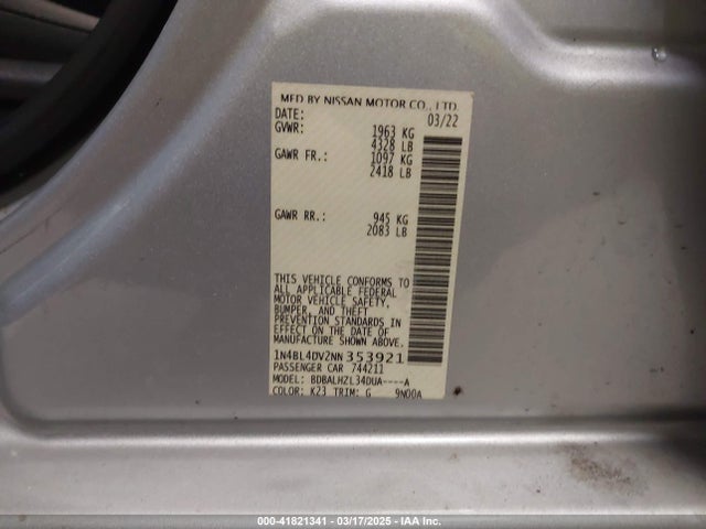 1N4BL4DV2NN353921 Nissan Altima Sv Fwd