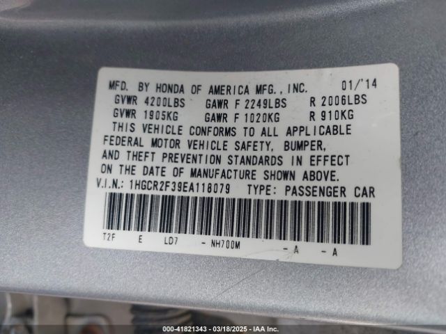 1HGCR2F39EA118079 Honda ACCORD LX