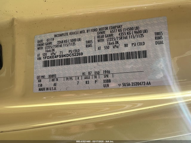 Продаж на аукціоні авто 2019 Ford E-450 Cutaway, vin: 1FDXE4FS9KDC52269, номер лоту: 41821465