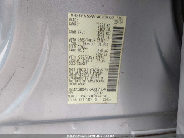 5N1BA0ND6FN601714 Nissan ARMADA SV