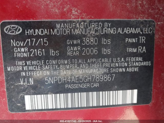 5NPDH4AE5GH789867 Hyundai ELANTRA SE