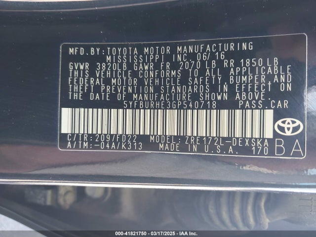 5YFBURHE3GP540718 Toyota Corolla S Plus