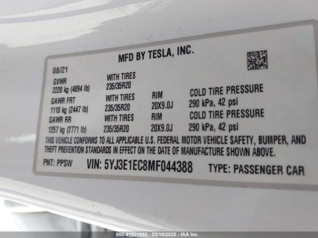 5YJ3E1EC8MF044388 Tesla Model 3 Performance Dual Motor All-wheel Drive