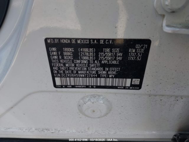 3CZRU6H59MM727844 Honda Hr-v Awd Ex