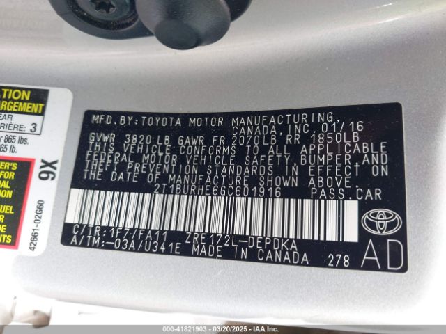 2T1BURHE6GC601916 Toyota COROLLA L