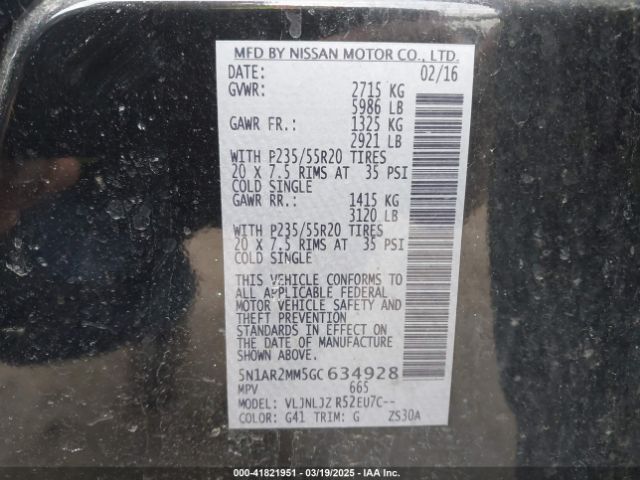 5N1AR2MM5GC634928 Nissan Pathfinder Platinum