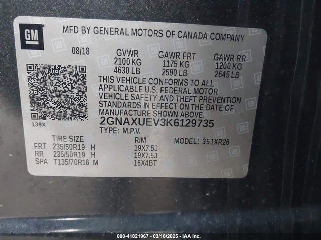 2GNAXUEV3K6129735 Chevrolet EQUINOX LT