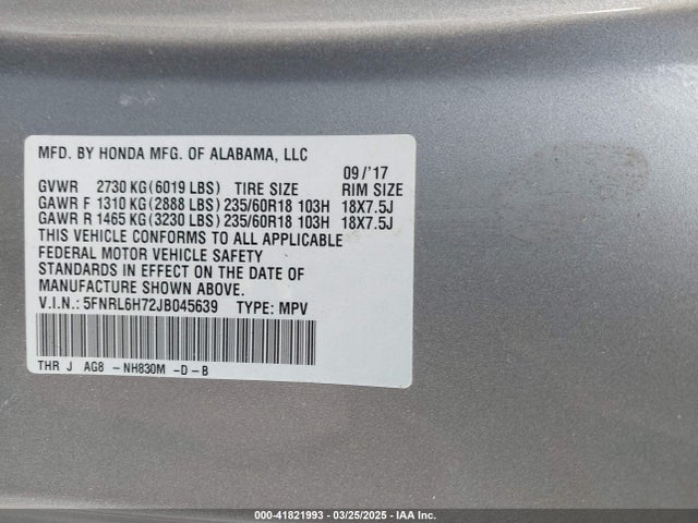 5FNRL6H72JB045639 Honda Odyssey Ex-l