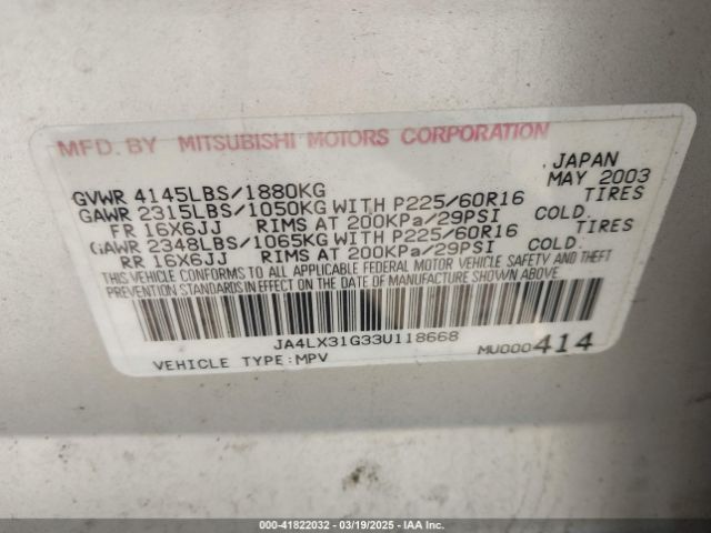 2003 MITSUBISHI OUTLANDER JA4LX31G33U118668 Photo 8