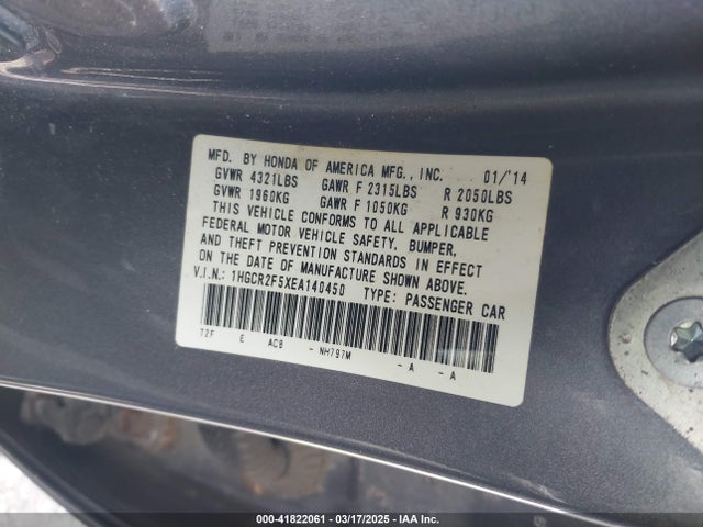 1HGCR2F5XEA140450 Honda k24w1