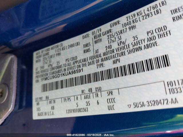 1FMCU9GD1KUA98591 Ford ESCAPE SE