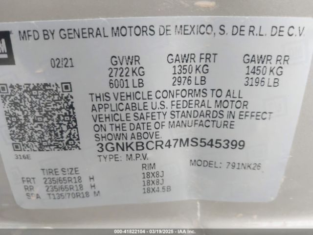3GNKBCR47MS545399 Chevrolet Blazer Fwd 2lt