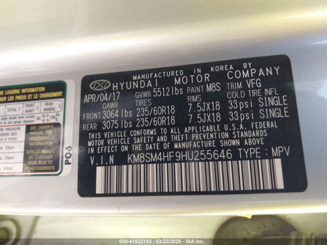 KM8SM4HF9HU255646 Hyundai Santa Fe Se