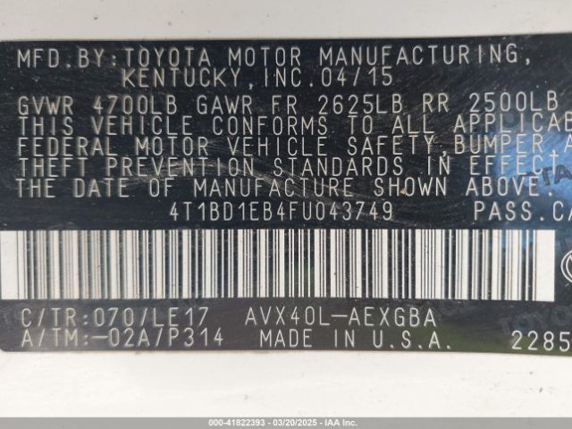 4T1BD1EB4FU043749 Toyota Avalon Hybrid Xle Touring