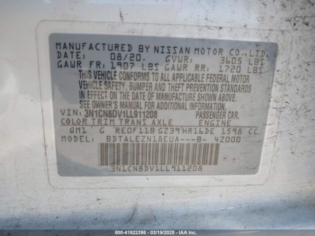 3N1CN8DV1LL911208 Nissan Versa S Xtronic Cvt