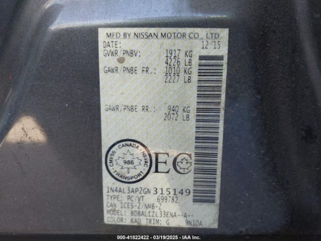 1N4AL3AP2GN315149 Nissan Altima 2.5/s/sv/sl/sr