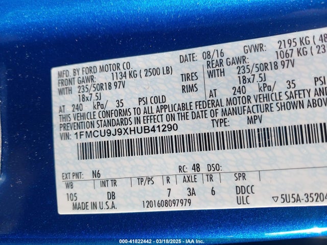 1FMCU9J9XHUB41290 Ford Escape Titanium