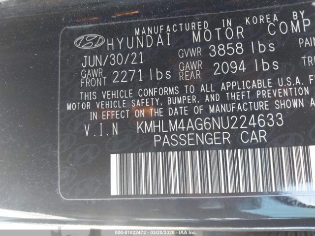 KMHLM4AG6NU224633 Hyundai ELANTRA SEL