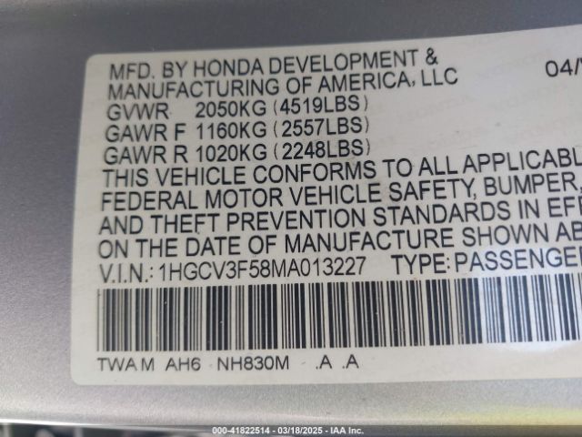1HGCV3F58MA013227 Honda Accord Hybrid Ex-l
