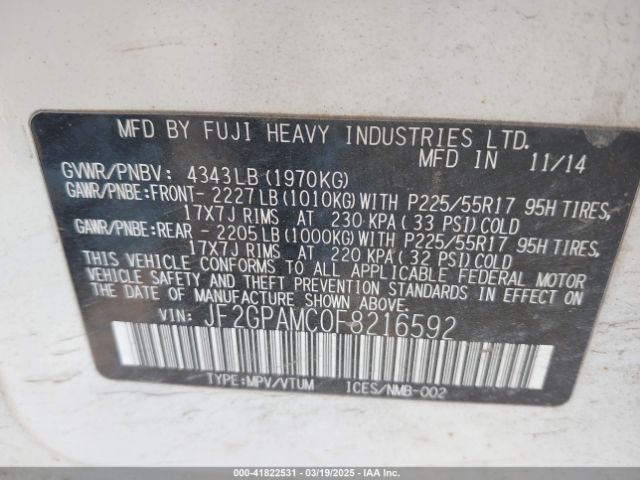 JF2GPAMC0F8216592 Subaru Xv Crosstrek 2.0i Limited