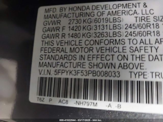 5FPYK3F53PB008033 Honda Ridgeline Rtl
