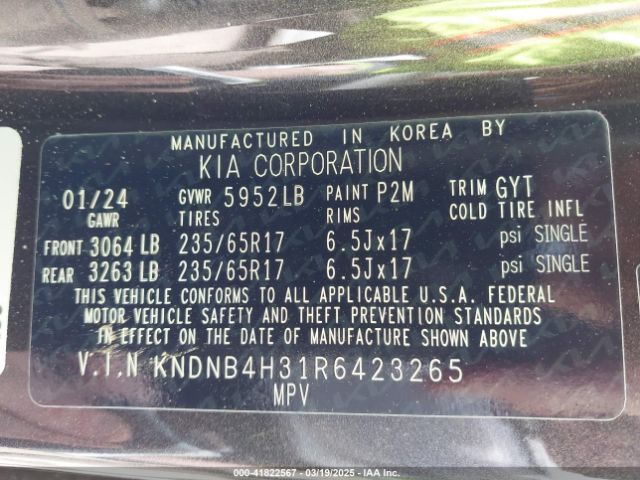 KNDNB4H31R6423265 KIA Carnival Mpv Lx Seat Package