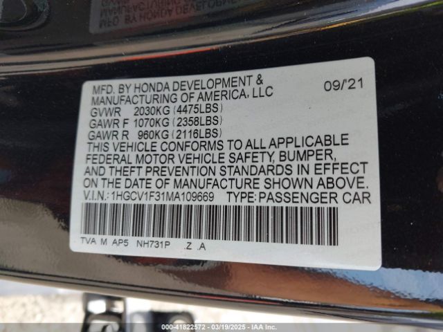 1HGCV1F31MA109669 Honda Accord Sport