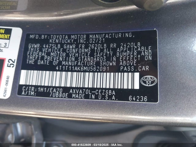 4T1T11AK6MU562091 Toyota CAMRY SE