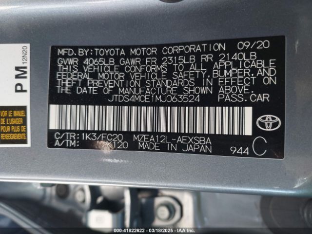 JTDS4MCE1MJ063524 Toyota COROLLA SE