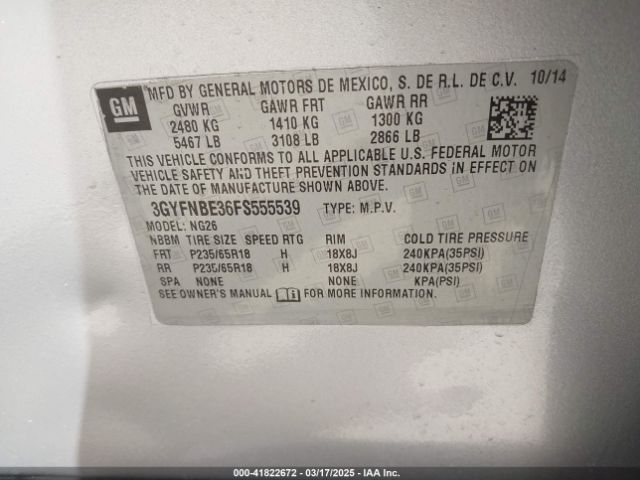 3GYFNBE36FS555539 Cadillac Srx Luxury Collection