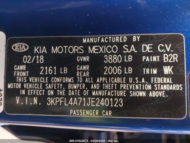3KPFL4A71JE240123 KIA FORTE S