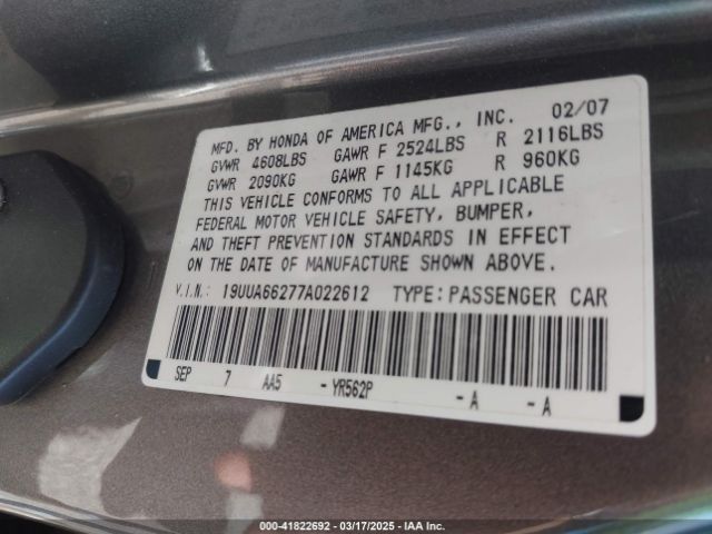 2007 ACURA TL 19UUA66277A022612 Photo 8