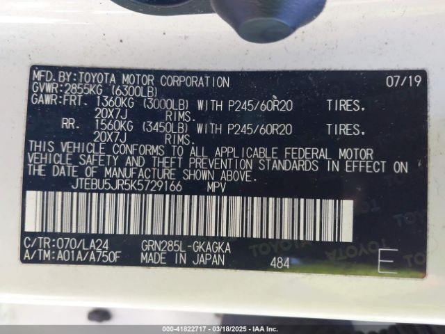 JTEBU5JR5K5729166 Toyota 4runner Limited