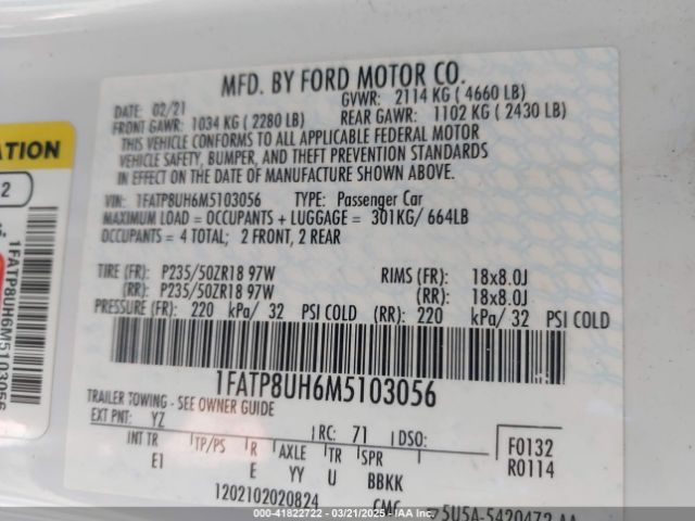 1FATP8UH6M5103056 Ford Mustang Ecoboost Premium