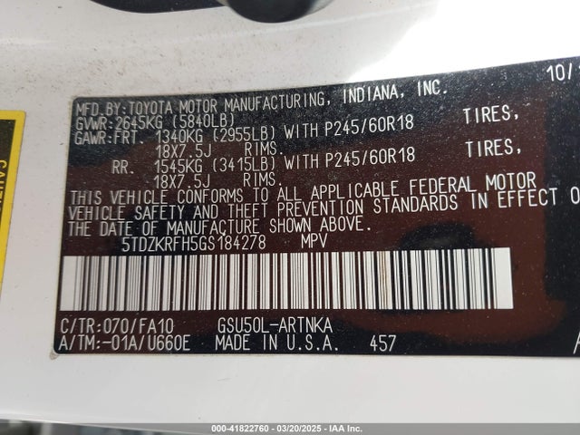 5TDZKRFH5GS184278 Toyota Highlander Le Plus V6