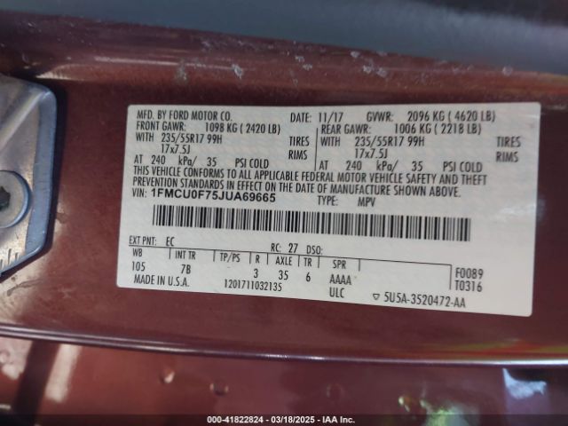 1FMCU0F75JUA69665 Ford ESCAPE S