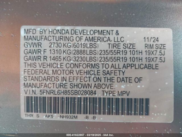 5FNRL6H85SB028084 Honda Odyssey Touring