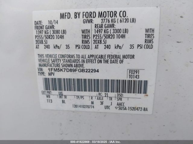 1FM5K7D89FGB22294 Ford EXPLORER XLT